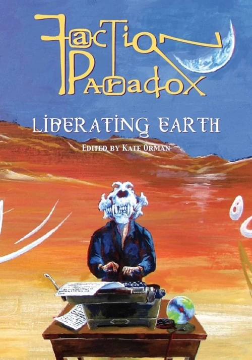 Image of Liberating Earth; skull-masked man at a typewriter in the desert