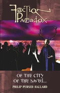 Image of Of the City of the Saved; an antlered-skull-masked man stands facing a woman in a crowd, with a vast metropolis in the background